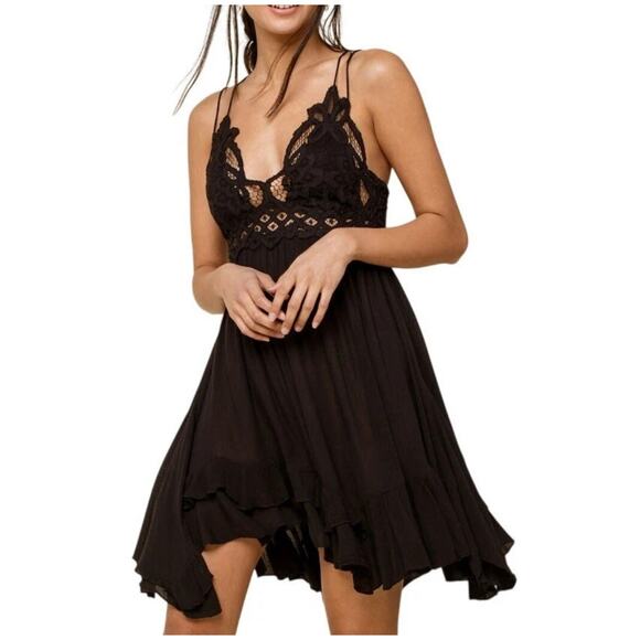 FREE PEOPLE Adella Black Mini Slip Dress Boho Crochet Lace Strappy Small Witchy - Picture 7 of 9
